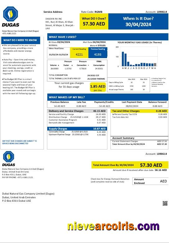 UAE Dubai Natural Gas Company Limited (Dugas) business utility bill